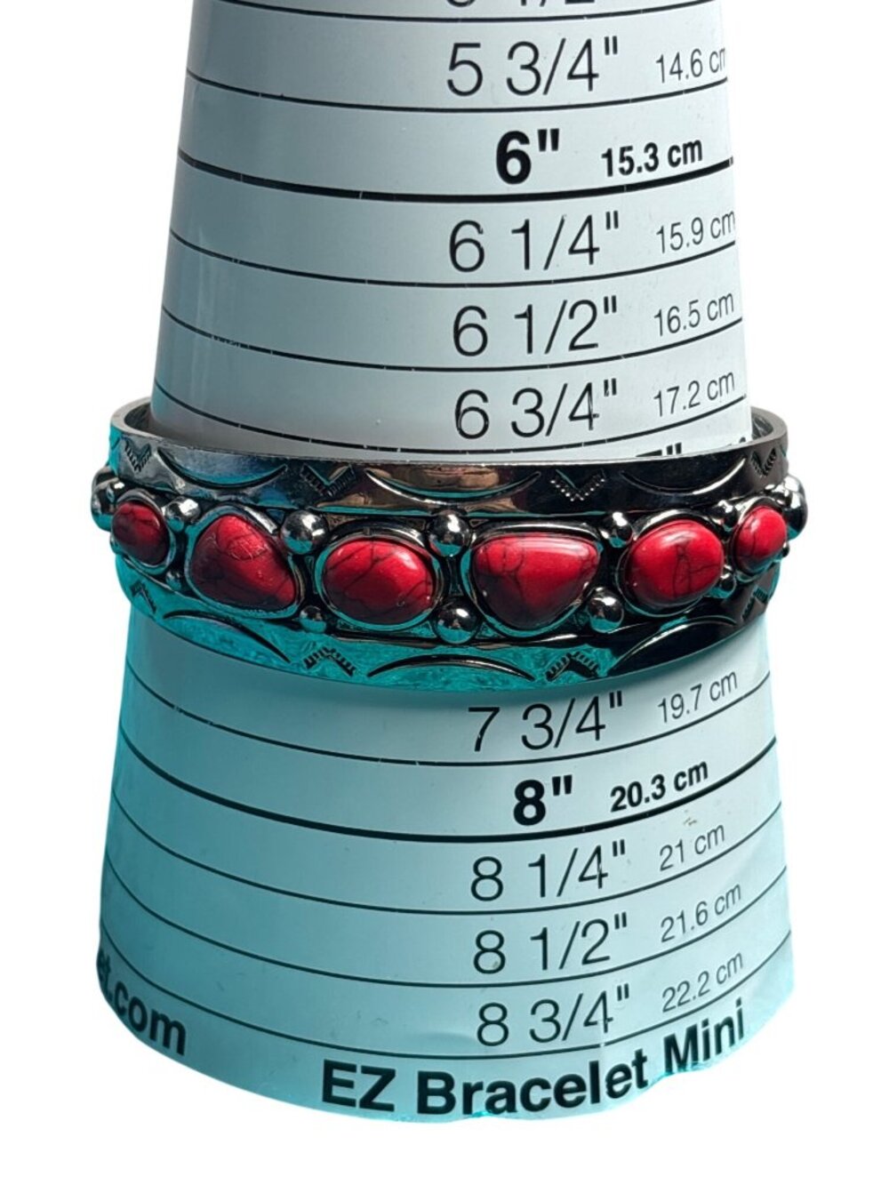 Southwestern Boho Silvertone Cuff Bracelet Red Dyed Howlite Cabochons 7.5 inches